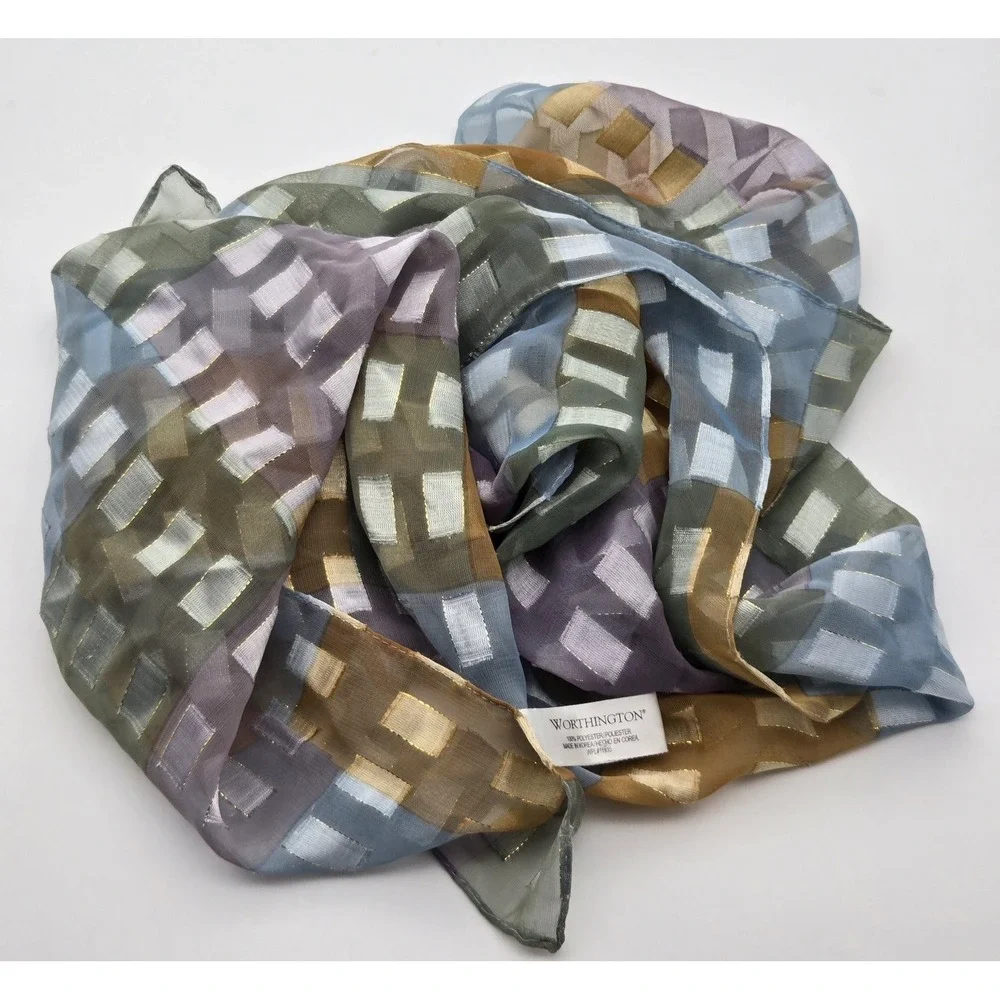 Worthington Womens Sheer Scarf 13x60 Blue Gold Geometric Metallic Stripe Squares